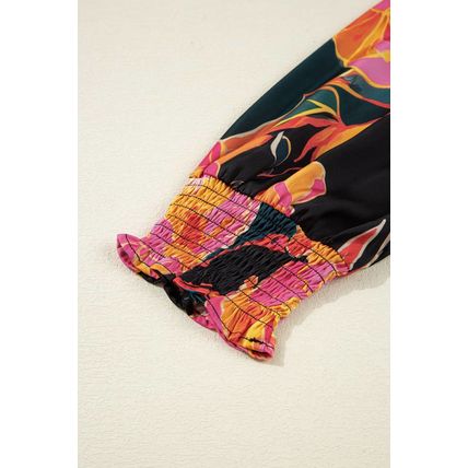 Black Floral Print Smocked Cuffs Puff Sleeve V Neck Blouse