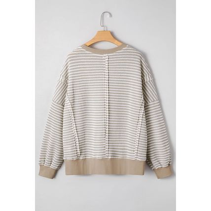 Brown Stripe Chenille Bow Patched Drop Shoulder Long Sleeve Top