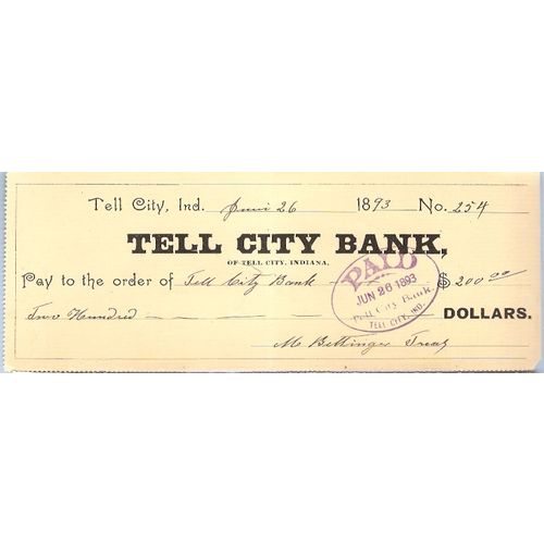 IN Tell City Cancelled Check Tell City Bank Check #254 Dated: June 26, 189~23