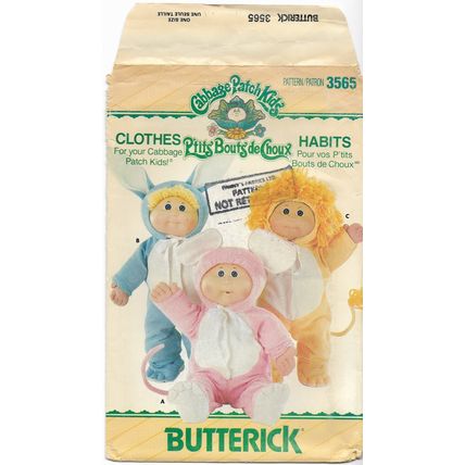 Butterick 3565 391 Sewing Pattern Cabbage Patch Kids Doll Animal Pajamas Uncut