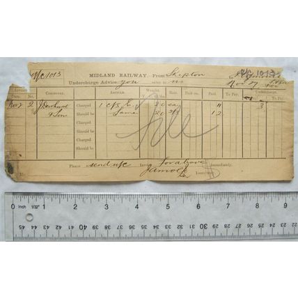 1900 Midland Railway undercharge advice Skipton, J. Dewhurst & Son