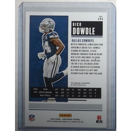 2020 Panini Contenders RICO DOWDLE (Dallas Cowboys) Rookie Ticket AUTO #234
