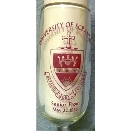 UNIVERSITY OF SCRANTON SENIOR PROM CHAMPAGNE FLUTE WINE GLASS 1986 SCHOOL SEAL