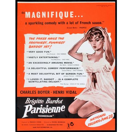 PARISIENNE 1957 Brigitte Bardot, Charles Boyer, Henri Vidal TRADE ADVERT