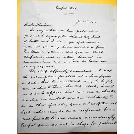 1907 Confidential Letter on formation of new "National City Bank of Seattle"