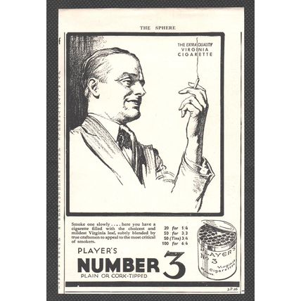 PLAYER'S NUMBER 3 CIGARETTES tobacco :- Original Vintage 1935 Magazine Advert