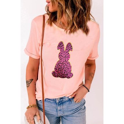 Pink Sequined Leopard Bunny Easter Graphic Tee