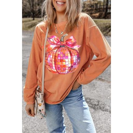 Orange Bow Pumpkin Graphic Crewneck Corded Thanksgiving Sweatshirt