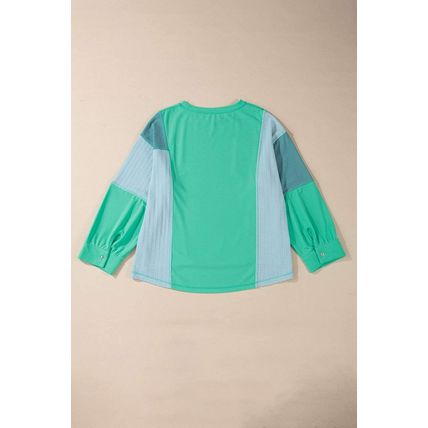 Green Colorblock Stitching Patchwork Buttoned Long Sleeve Top
