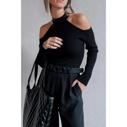 Black Ribbed Knit Cold Shoulder Choker Neck Sweater