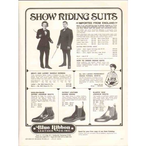 blue ribbon leather company 1972 show riding suits horse vintage ad