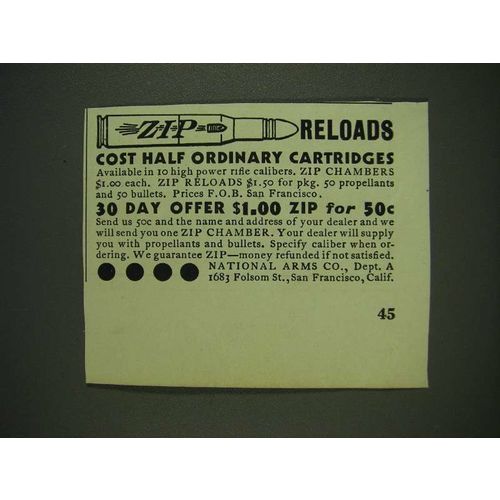 1932 National Arms Co. Ad - Zip Reloads cost half ordinary cartridges
