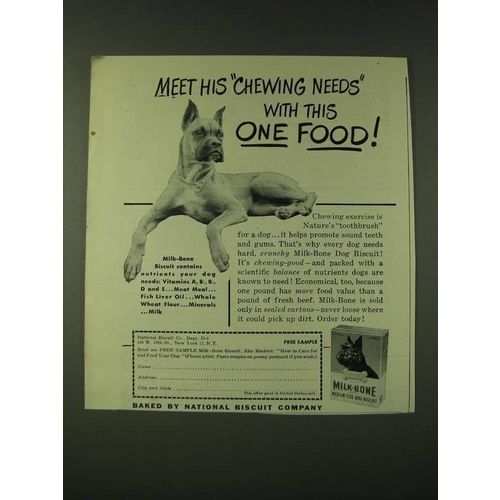 1948 Milk-Bone Dog Biscuits Ad - Meet his chewing needs with this one food