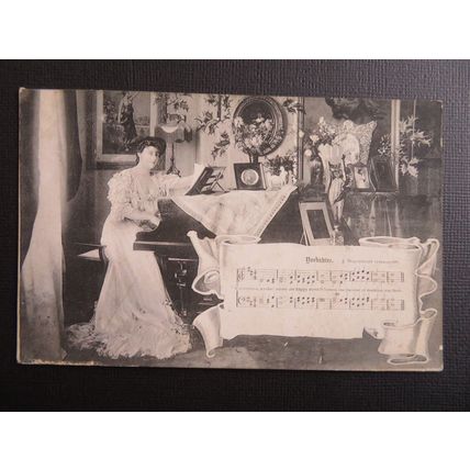 Christmas, Lady With Piano and Music Christmas Vintage Postcard