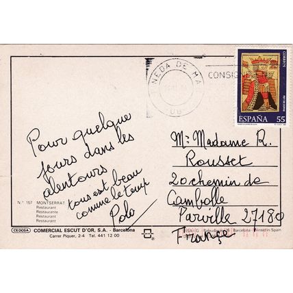 Montserrat Restaurant Spain Postcard posted 1994 creased