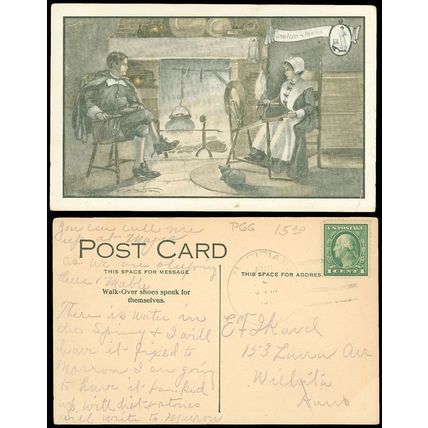 c1910 Walk-Over Shoes Advertising Postcard W Pilgrims by Hearth Fire Scene, Used
