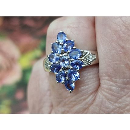 Natural Tanzanite Zircon Rhombus Cluster Ring Sz P½ Platinum Overlay 925 Silver