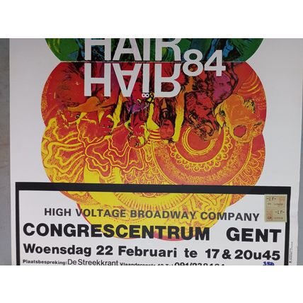 RARE BELGIAN THEATRE POSTER FOR A 1984 PRODUCTION OF THE SIXTIES MUSICAL, HAIR.