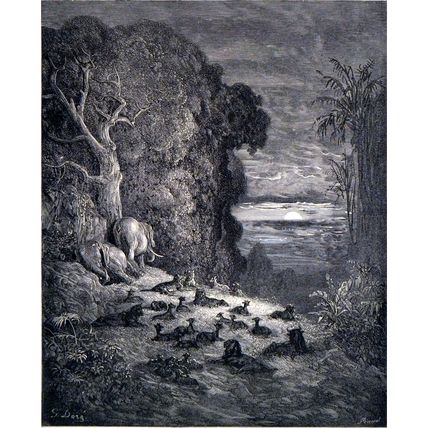 SEVENTH EVENING IN EDEN 1885 Gustave Doré - John Milton ANTIQUE ENGRAVING