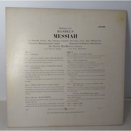 Handel's Messiah Toronto Choir & Soloists/Symphony Orchestra - LM-2088 LP - RCA