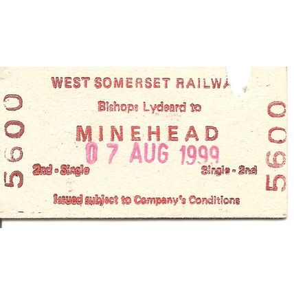 West Somerset Rly. Edmondson Ticket - Bishops Lydeard to Minehead