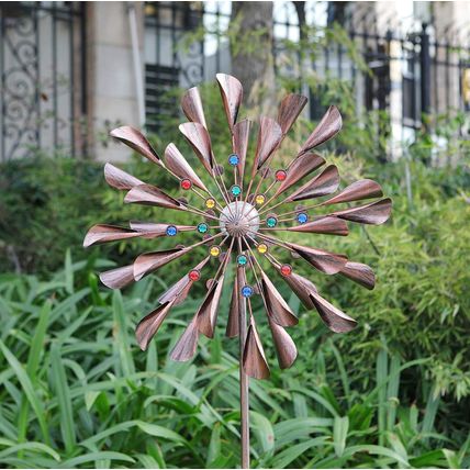 Large 79In Copper Kinetic Wind Spinner Multi-Color Seasonal LED Lighting Solar P