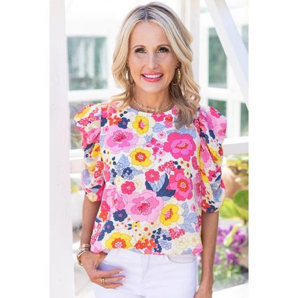 Ruched Puff Sleeve Floral Blouse