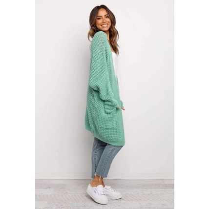 Green Long Line Open Front Knitted Cardigan with Pockets
