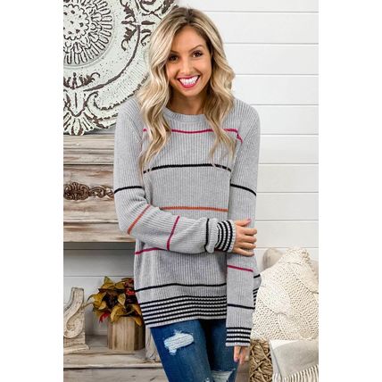Gray Ribbed Knit Striped Sweater