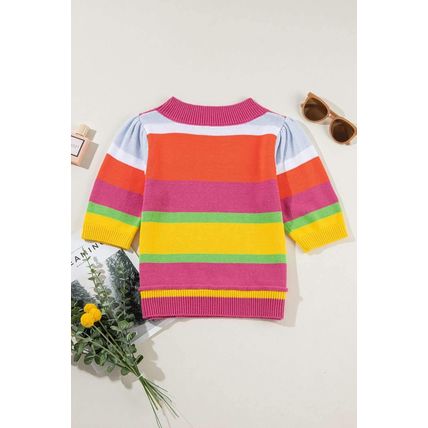 Multicolour Color Block Cropped Short Sleeve Sweater