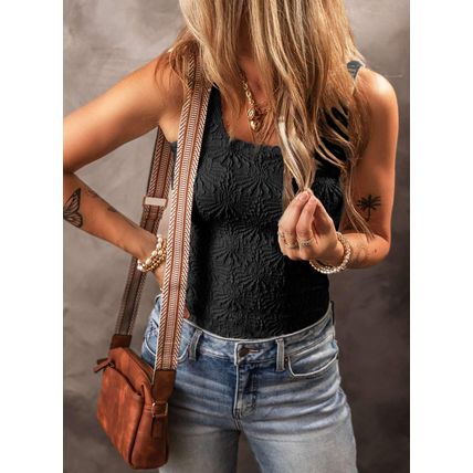 Black Floral Jacquard Square Neck Tank Top