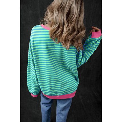 Sky Blue Stripe Oversized Contrast Trim Pullover Sweatshirt