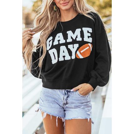 Black GAME DAY Graphic Varsity Pullover Sweatshirt