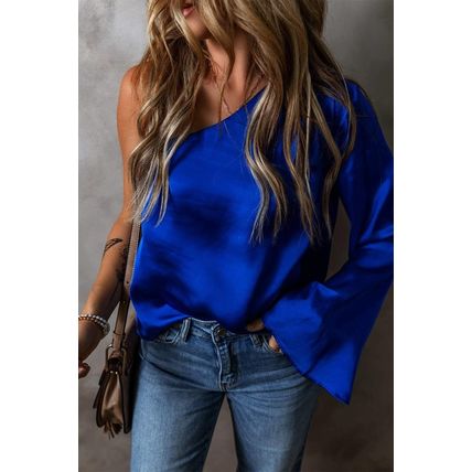 Dark Blue Asymmetric One Shoulder Bell Sleeve Satin Blouse
