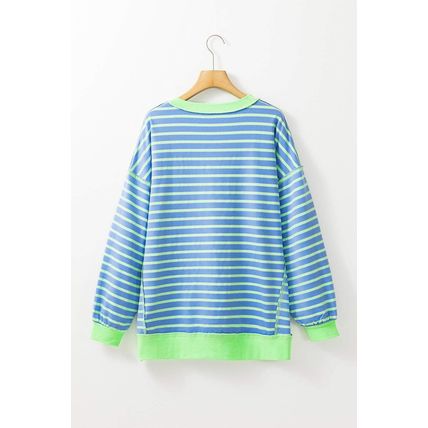 Sky Blue Stripe Contrast Trim High Low Pullover Tunic Sweatshirt