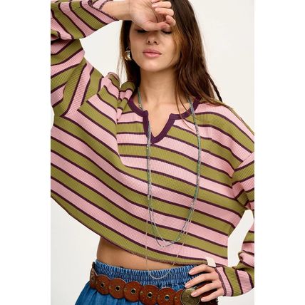 Spinach Green Clashing Stripes Waffle Texture Notched Neck Long Sleeve Top