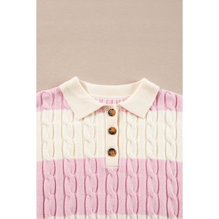 Pink Stripe Cable Knit Collared Henley Sweater