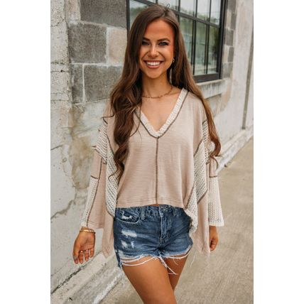 Parchment Crochet Detail Exposed Seam High Low Loose Top