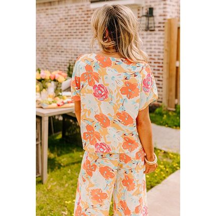 Orange Vibrant Floral Printed Short Sleeve Top 2 Piece Pants Set