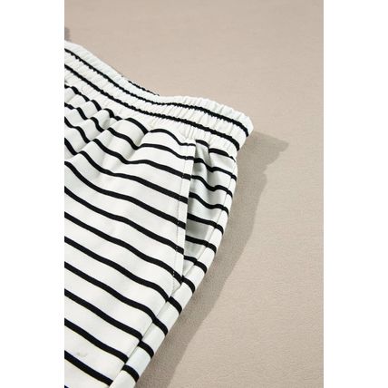 Black white Stripes Printed Half Button Long Sleeve Top and Shorts Set