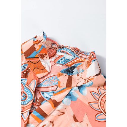 Orange Floral Print Shirred Cuff Buttoned Loose Shirt