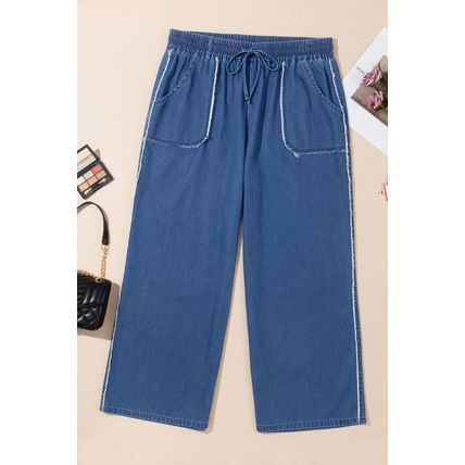 Sail Blue Washed Denim Chambray Loose Plus Size Pants