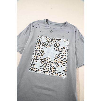 Medium Grey Stars Leopard Graphic Distressed Tee
