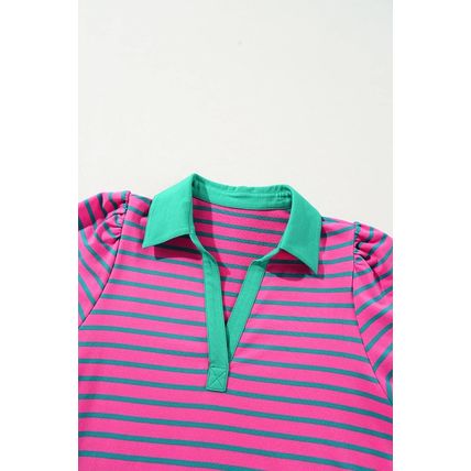 Pink Stripe Collared V Neck Puff Sleeve T Shirt Dress