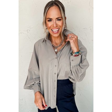 High Solid Color Balloon Sleeve Side Slits Loose Fit Shirt