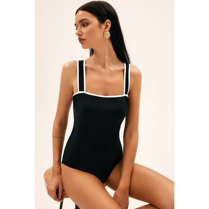 Black Colorblock Edge Belted One Piece Swimsuit