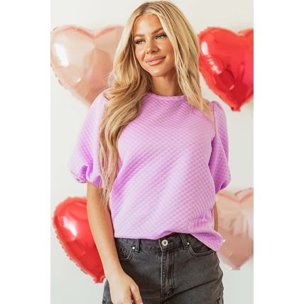 Phalaenopsis Solid Textured O Neck Puff Sleeve Blouse