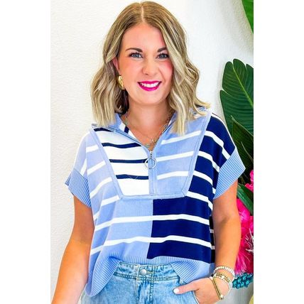 Sky Blue Stripe Colorblock Quarter Zip Collar Sweater Vest