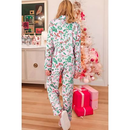 Pink Christmas Berries Plant Print Satin Long Sleeve Pajama Set