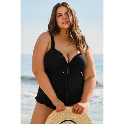 Black Plus Size Textured Knotted Ruffled Trim One Piece Swimwear